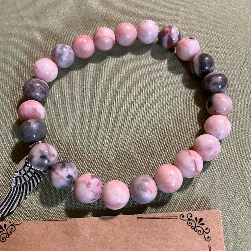 Pink and Gray Natural Stone Beaded Bracelet with Charm
